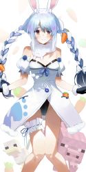 Rule 34 | 1girl, animal ear fluff, animal ears, bad id, bad pixiv id, black gloves, black leotard, blue hair, braid, breasts, brown eyes, cameltoe, carrot, chicken (minecraft), discoshoujo, don-chan (usada pekora), dress, food-themed hair ornament, fur trim, gloves, hair ornament, highres, hololive, leotard, leotard under clothes, long hair, looking at viewer, minecraft, multicolored hair, pig (minecraft), rabbit ears, rabbit girl, short eyebrows, small breasts, solo focus, thigh strap, twin braids, usada pekora, usada pekora (1st costume), virtual youtuber, white dress, white hair