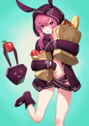 Rule 34 | 1girl, :o, animal ears, animal hood, ankle boots, apple, bag, black footwear, black gloves, black hoodie, black panties, black rock shooter, black rock shooter the game, blush, boots, bread, chestnut mouth, commentary request, floating, food, fruit, gloves, gluteal fold, hair between eyes, highres, holding, holding bag, hood, hood up, hooded jacket, hoodie, jacket, leg up, long hair, long sleeves, looking away, lowleg, lowleg panties, m-da s-tarou, machinery, midriff, navel, open mouth, panties, paper bag, pink eyes, pink hair, rabbit hood, shopping bag, short hair with long locks, sidelocks, solo, standing, standing on one leg, stomach, turtleneck, underwear, xnfe
