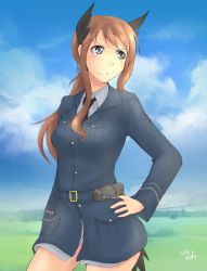 Rule 34 | 1girl, animal ears, bookmarkahead, grey eyes, hair tie, highres, jacket, jackie archer, long hair, looking to the side, military, military uniform, original, panties, solo, strike witches, underwear, uniform, world witches series