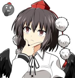 Rule 34 | 1girl, black hair, black ribbon, black wings, breasts, brown eyes, buttons, collared shirt, commentary request, emoji, feathered wings, hand on own chin, hat, highres, kbmollysuh, long sleeves, medium breasts, neck ribbon, pom pom (clothes), raised eyebrow, red hat, red ribbon, ribbon, shameimaru aya, shirt, short hair, solo, stroking own chin, thinking, thinking emoji, tokin hat, touhou, white shirt, wings