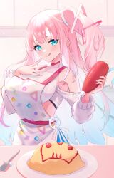 Rule 34 | 1girl, :q, apron, bare shoulders, blue eyes, blue hair, bottle, breasts, colored inner hair, commission, crop top, food, highres, holding, holding bottle, ketchup, ketchup bottle, large breasts, multicolored hair, omelet, omurice, pink hair, plate, propro production, ribbed shirt, shirt, side ponytail, skeb commission, solo, spoon, tongue, tongue out, triangle hair ornament, uni (maru231), virtual youtuber, white apron, yumesaki mia