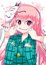 Rule 34 | 1girl, absurdres, blue shirt, buttons, cheek pinching, collared shirt, floral background, forced smile, fox mask, hair between eyes, hata no kokoro, highres, long hair, long sleeves, looking at viewer, mask, mask on head, open mouth, pinching, pink eyes, pink hair, plaid, plaid shirt, pov, pov hands, shirt, solo focus, te toga, tearing up, touhou, upper body, white sleeves, wide sleeves