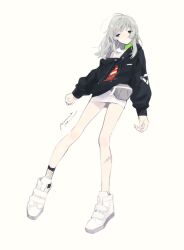 Rule 34 | 1girl, arms at sides, black hoodie, closed mouth, collar, commentary request, dot mouth, drawstring, dress, expressionless, fanny pack, fishnet socks, fishnets, floating hair, full body, fuyuu rei, green collar, green eyes, grey hair, half-closed eyes, highres, hood, hood down, hoodie, konnoita, long hair, long legs, long sleeves, looking to the side, print hoodie, scar, scar on leg, shoes, short dress, signature, simple background, single sock, sneakers, socks, solo, traffic cone, utau, white background, white dress, white footwear