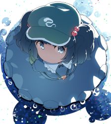 Rule 34 | 1girl, backpack, bag, blue eyes, blue hair, cabbie hat, dress, from above, hair bobbles, hair ornament, hat, highres, kawashiro nitori, key, looking at viewer, matching hair/eyes, monosenbei, no mouth, no nose, pocket, short hair, solo, touhou, two side up