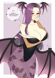 Rule 34 | 1girl, absurdres, alternate costume, animal print, arm under breasts, bare shoulders, bat print, bat wings, black leotard, blush, breasts, brown eyes, cleavage, commission, cosplay, cryptid crab, demon girl, english text, fire emblem, fire emblem echoes: shadows of valentia, fur-trimmed leotard, fur trim, hand on own face, head wings, heart, highres, large breasts, leotard, lips, long hair, looking at viewer, low wings, morrigan aensland, morrigan aensland (cosplay), nintendo, off-shoulder leotard, pantyhose, print pantyhose, purple hair, purple nails, purple pantyhose, purple wings, simple background, smile, solo, sonya (fire emblem gaiden), speech bubble, twitter username, vampire (game), wings