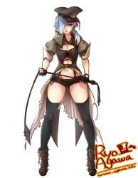 Rule 34 | 1girl, agawa ryou, amemiya tamae, ankle boots, artist name, black thighhighs, boots, breasts, brown footwear, cleavage, dominatrix, fingerless gloves, full body, gloves, hair over one eye, hat, legs, long hair, looking at viewer, navel, original, peaked cap, short shorts, shorts, silver hair, simple background, small breasts, solo, spikes, thighhighs, thighs, watermark, web address, whip, white background
