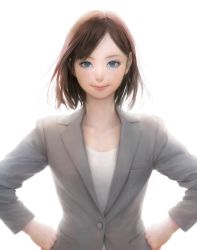 Rule 34 | 1girl, backlighting, blue eyes, brown hair, collarbone, commentary request, cover, eyebrows, formal, hands on own hips, kadokawa, lips, looking at viewer, mujiha, neck, nose, pant suit, pants, parted bangs, realistic, shirt, simple background, smile, solo, standing, suit, upper body, white background, white shirt