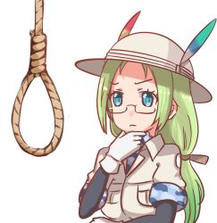 Rule 34 | 10s, 1girl, black-framed eyewear, black ribbon, blue eyes, bodystocking, bucket hat, camouflage, closed mouth, eyebrows, eyelashes, feathers, frown, glasses, gloves, gradient hair, green hair, hair ribbon, hand on own chin, hand on own face, hat, hat feather, kemono friends, long hair, low twintails, man looking at noose (meme), meme, mirai (kemono friends), multicolored hair, noose, parted bangs, pocket, raya (yuri15923), ribbon, rope, semi-rimless eyewear, short sleeves, simple background, solo, tareme, twintails, two-tone hair, under-rim eyewear, upper body, white background, white gloves