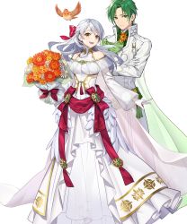 Rule 34 | 1boy, 1girl, alternate costume, bird, bouquet, bow, breasts, cape, couple, crossed arms, dress, feathered wings, feathers, fire emblem, fire emblem: radiant dawn, fire emblem heroes, flower, full body, gloves, green hair, grey hair, hair ribbon, highres, holding, leaf, long hair, medium breasts, micaiah (fire emblem), nintendo, official art, open mouth, red ribbon, ribbon, sothe (fire emblem), standing, teffish, transparent background, veil, wedding dress, white dress, white gloves, wings, yellow eyes, yune (fire emblem)