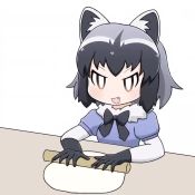 Rule 34 | 1girl, :d, animal ear fluff, animal ears, animated, black bow, black bowtie, black gloves, black hair, bow, bowtie, commentary, common raccoon (kemono friends), dough, fang, fur collar, gloves, grey hair, kemono friends, looping animation, medium hair, multicolored hair, open mouth, puffy short sleeves, puffy sleeves, raccoon ears, rolling pin, short sleeves, simple background, smile, solo, table, taro (tontaro), video, white background, white hair
