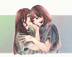Rule 34 | 2girls, :d, airpods, animification, black shirt, braid, brown eyes, brown hair, fukurou tojo, green shirt, hairband, hand on another&#039;s shoulder, headset, liyuu, long hair, looking down, multiple girls, open mouth, orange hairband, parted lips, payton naomi, real life, shirt, short hair, side braid, smile, upper body, voice actor, wireless earphones