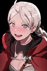 Rule 34 | 1girl, ahoge, arshinist, blush, braid, breasts, buttons, chest harness, choker, cleavage, commission, commissioner upload, fire emblem, fire emblem fates, grey eyes, hairband, harness, heart, heart-shaped pupils, highres, hood, hood down, leather strap, long hair, looking at viewer, medium breasts, naughty face, nina (fire emblem), nintendo, non-web source, open mouth, parted bangs, portrait, red hood, sexually suggestive, solo, symbol-shaped pupils, turtleneck, twin braids, white hairband