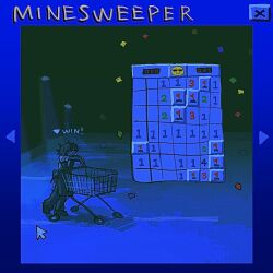 1boy apron black_apron black_hair black_pants blue_border blue_theme border confetti cursor demitasse_(ru-neo) english_text male_focus minesweeper original pants ru-neo_(neoru18436) shopping_cart short_hair solo standing wide_shot window_(computing)