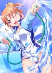 Rule 34 | 1girl, ahoge, arena (company), blue sky, braid, cloud, clover hair ornament, competition swimsuit, cowboy shot, day, dutch angle, empty pool, gluteal fold, hair ornament, highres, hose, jacket, kanabun, looking at viewer, love live!, love live! sunshine!!, multicolored clothes, multicolored jacket, one-piece swimsuit, one eye closed, open mouth, orange hair, outdoors, ponytail, pool, red eyes, ribbon, round teeth, short hair, side braid, sky, smile, solo, swimsuit, takami chika, teeth, track jacket, upper teeth only, water, white one-piece swimsuit, yellow ribbon