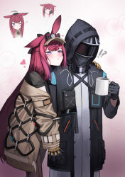 Rule 34 | !?, 1girl, 1other, absurdres, animal ears, arknights, black gloves, black jacket, black shirt, blush, bubble background, coat, cup, doctor (arknights), gloves, gradient background, hand on another&#039;s shoulder, head on another&#039;s shoulder, headlamp, heart, highres, holding, holding cup, holding hands, hood, hood up, hooded jacket, jacket, kimsuwan2013, long hair, multicolored hair, purple eyes, purple hair, rabbit ears, ray (arknights), shirt, standing, streaked hair, visor cap, yellow gloves