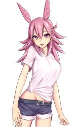 Rule 34 | 1girl, :o, belt, blush, breasts, collarbone, denim, denim shorts, elfenlied22, fate/grand order, fate (series), head wings, hildr (fate), large breasts, light blush, long hair, looking at viewer, midriff, pink eyes, pink hair, shirt, short shorts, shorts, simple background, solo, t-shirt, tied shirt, valkyrie (fate), white background, white shirt, wings