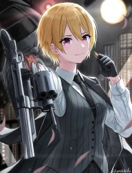 Rule 34 | 1girl, aircraft, black gloves, black necktie, blonde hair, blurry, building, bullet, city, depth of field, dress shirt, formal, gloves, gun, helicopter, highres, holding, holding bullet, holding gun, holding weapon, idolmaster, idolmaster shiny colors, jacket, jacket on shoulders, junshiki, moon, necktie, pink eyes, saijo juri, shirt, short hair, signature, smile, solo, suit, vest, weapon, weapon request, white shirt
