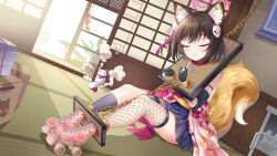 Rule 34 | 1girl, absurdres, animal ear fluff, animal ears, black gloves, blue archive, bound, bound ankles, bound wrists, box, brown hair, cardboard box, chain, closed eyes, closed mouth, commentary request, cuffs, fishnet thighhighs, fishnets, fox tail, gloves, highres, indoors, izuna (blue archive), kuji-in, ninja, okazakileo, partially fingerless gloves, roller skates, shackles, short hair, single sock, single thighhigh, sitting, skates, smoke, socks, solo, stocks, tail, thighhighs, tied up (nonsexual), wind chime, yellow eyes, yoke