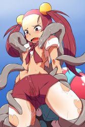 Rule 34 | 1girl, bad id, bad pixiv id, bow, creatures (company), game freak, gen 1 pokemon, hair bobbles, hair ornament, highres, hun (uyonis), interspecies, long hair, mira (pokemon), navel, navel insertion, navel penetration, needle, nintendo, nipple penetration, nipples, open mouth, pantyhose, pokemon, pokemon (creature), pokephilia, rape, red eyes, red hair, saliva, shorts, simple background, slime (substance), solo, sweat, tears, tentacles, tentacruel, torn clothes, torn pantyhose, twintails
