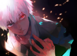 Rule 34 | 1boy, black background, black eyes, commentary request, gradient background, grey nails, grey shirt, hand up, heterochromia, highres, kaneki ken, kyuuba melo, lips, looking at viewer, male focus, nail polish, parted lips, red eyes, shirt, short hair, solo, teeth, tokyo ghoul, white hair