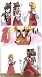 Rule 34 | 2girls, alice margatroid, armpits, blonde hair, blood, bow, breasts, brown hair, comic, cosplay, detached sleeves, female focus, hair bow, hair ribbon, hairband, hakurei reimu, hakurei reimu (cosplay), highres, japanese clothes, magukappu, miko, multiple girls, no nose, nosebleed, one eye closed, ribbon, sideboob, silent comic, small breasts, touhou, wink, yuri