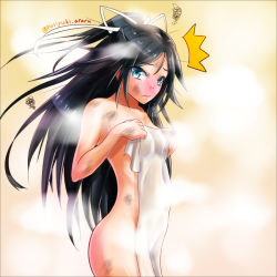 Rule 34 | 10s, 1girl, black hair, blue eyes, bruise, covering privates, embarrassed, from side, hoshiyuki aruru, injury, kantai collection, katsuragi (kancolle), long hair, looking at viewer, messy hair, naked towel, nude cover, ponytail, solo, steam, towel, wavy mouth