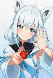 Rule 34 | 1girl, absurdres, ahoge, animal ear fluff, animal ears, bad id, bad pixiv id, blush, braid, closed mouth, food, fox ears, fruit, green eyes, hair between eyes, hands up, highres, holding, holding food, holding fruit, hololive, hood, hoodie, long hair, long sleeves, looking at viewer, ok sign, shirakami fubuki, shirakami fubuki (1st costume), shyi, side braid, simple background, smile, solo, strawberry, upper body, virtual youtuber, white hair, white hoodie, wide sleeves
