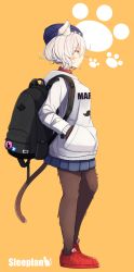 Rule 34 | 1girl, animal ears, backpack, bag, blue skirt, cat ears, cat girl, cat tail, clothes writing, female focus, from side, full body, fur, hands in pockets, highres, hood, hoodie, long sleeves, miniskirt, original, paw print, plan (planhaplalan), pleated skirt, profile, red eyes, red footwear, shoes, short hair, skirt, sneakers, solo, standing, tail