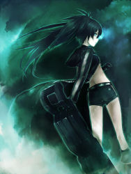 Rule 34 | 10s, 1girl, arm cannon, bad id, bad nicoseiga id, black hair, black rock shooter, black rock shooter (character), blue eyes, co2, female focus, gloves, glowing, glowing eyes, gradient background, hood, hoodie, long hair, pale skin, short shorts, shorts, solo, standing, twintails, weapon