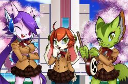 Rule 34 | 3girls, ahoge, animal ears, armband, bow, bowtie, breasts, carol tea, cat ears, cat tail, chacrawarrior, checkered clothes, checkered skirt, cherry blossoms, crossed arms, dog ears, dragon girl, dragon horns, drum, eyelashes, freedom planet, galaxytrail, green eyes, headgear, highres, horns, instrument, jacket, large breasts, long ears, long hair, looking at viewer, medium breasts, milla basset, multiple girls, one eye closed, open mouth, orange hair, pantyhose, pink eyes, purple hair, sash lilac, school, school uniform, serafuku, shirt, short hair, skirt, slit pupils, smile, standing, taiko drum, tail, tree, twintails, wink