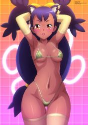 Rule 34 | 1girl, absurdres, animal hands, arms behind head, arms up, artist name, bikini, black hair, blush, bow, breasts, brown eyes, collarbone, creatures (company), dark-skinned female, dark skin, game freak, gloves, green bikini, grid background, hair bow, highleg, highleg bikini, highleg swimsuit, highres, iris (pokemon), long hair, looking at viewer, medium breasts, micro bikini, multicolored background, navel, nintendo, nipples, open mouth, paw gloves, pokemon, pokemon bw, smile, standing, swimsuit, thighhighs, twintails, zel-sama