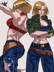 Rule 34 | 1girl, abs, ass, bare shoulders, blonde hair, blue eyes, blue mary, breasts, cleavage, crossed arms, denim, fatal fury, highres, jacket, jeans, large breasts, long sleeves, pants, short hair, syachiiro, teeth, the king of fighters