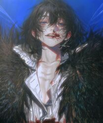 Rule 34 | 1boy, arthropod boy, au (d elete), black hair, blood, blood on face, blue eyes, cloak, collared shirt, dragonfly wings, fate/grand order, fate (series), fur-trimmed cloak, fur trim, insect wings, looking at viewer, male focus, medium hair, nosebleed, oberon (fate), oberon (third ascension) (fate), shirt, signature, smile, solo, twitter username, upper body, white shirt, wings