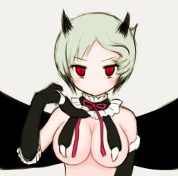 Rule 34 | 10s, 1girl, akeyama, black gloves, blush, breasts, gloves, green hair, horns, large breasts, mahou shoujo ikusei keikaku, mahou shoujo ikusei keikaku limited, maou pam, red eyes, short hair, slit pupils, solo, upper body