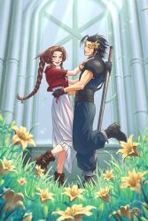 Rule 34 | 1boy, 1girl, aerith gainsborough, armor, black gloves, black hair, blue eyes, blush, boots, bracelet, braid, braided ponytail, brown hair, buster sword, couple, crisis core final fantasy vii, cropped jacket, cross scar, dress, facial scar, final fantasy, final fantasy vii, final fantasy vii remake, flower, from side, gen (gala itazura), gloves, grass, green eyes, hair flower, hair ornament, hair ribbon, hands on another&#039;s shoulders, hands on another&#039;s waist, happy, hetero, highres, indoors, jacket, jewelry, long hair, looking at another, looking at viewer, parted bangs, pink ribbon, red jacket, ribbon, scar, scar on cheek, scar on face, shoulder armor, sidelocks, smile, spiked hair, standing, standing on one leg, weapon, weapon on back, yellow flower, zack fair