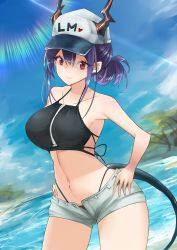 Rule 34 | 1girl, arknights, bad id, bad twitter id, bare arms, bare shoulders, baseball cap, bikini, black bikini, blue sky, breasts, ch&#039;en (arknights), ch'en (arknights), cloud, commentary request, cowboy shot, day, dragon horns, dragon tail, female tourist c (arknights), grey shorts, hair between eyes, hands on own hips, hat, heart, highleg, highleg bikini, horns, large breasts, long hair, looking at viewer, navel, official alternate costume, open fly, purple hair, red eyes, short shorts, shorts, sidelocks, sky, solo, standing, stomach, swimsuit, tail, thighs, water, white hat, yuzuruka (bougainvillea)