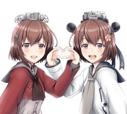 Rule 34 | 2girls, brown eyes, brown hair, brown neckerchief, dual persona, grey neckerchief, grey sailor collar, headset, heart, heart hands, heart hands duo, highres, kantai collection, long sleeves, multiple girls, neckerchief, red shirt, sailor collar, sailor shirt, shirt, short hair, speaking tube headset, tan yang (kancolle), tk8d32, upper body, yukikaze (kancolle)
