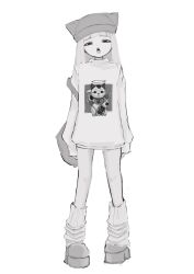 Rule 34 | 1girl, animal hat, arms at sides, blunt bangs, cat hat, fish, full body, greyscale, hat, highres, long hair, long sleeves, looking at viewer, loose socks, maneki-neko, monochrome, open mouth, original, print shirt, shiona (siona0625), shirt, shoes, simple background, sleeves past wrists, socks, solo, standing, straight hair, white background