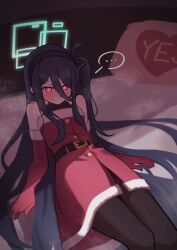 Rule 34 | &lt;key&gt; (blue archive), ..., 1girl, absurdly long hair, alternate costume, bed, bed sheet, belt, black belt, black hair, black pantyhose, blue archive, blush, christmas, closed mouth, dress, green halo, halo, highres, hizikata398, long hair, long sleeves, pantyhose, red dress, red eyes, santa costume, solo, spoken ellipsis, very long hair, yes-no pillow