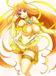 Rule 34 | 10s, 1girl, adapted costume, bow, breasts, brooch, choker, circlet, cure muse, cure muse (yellow), detached sleeves, hair bow, heart, jewelry, large breasts, bridal garter, long hair, magical girl, midriff, nmty, aged up, orange hair, panties, pink eyes, precure, see-through, shirabe ako, smile, solo, standing, standing on one leg, suite precure, twintails, underwear, white background, yellow bow, yellow panties, yellow theme