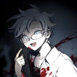 Rule 34 | 1boy, black shirt, blood, blood on clothes, blood on face, blood on wall, blood splatter, blue eyes, chinese commentary, commentary request, glasses, hand up, highres, kanou aogu, lab coat, long sleeves, male focus, miao zaitu, open mouth, pointing, pointing at self, rectangular eyewear, saibou shinkyoku, shirt, short hair, smile, solo, white hair
