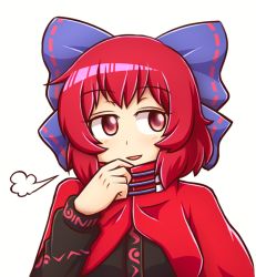 Rule 34 | 1girl, puff of air, adjusting collar, black shirt, blue bow, bow, cape, eyebrows, hair bow, long sleeves, looking away, parted lips, red eyes, red hair, sekibanki, shirt, short hair, simple background, smile, smug, solo, touhou, upper body, white background, wool (miwol)