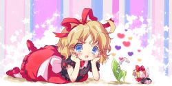 Rule 34 | 1girl, ahoge, amo (shibu3), blonde hair, blue eyes, blush, bow, doll, dress, female focus, flower, hair bow, hair ribbon, head rest, heart, lily of the valley, lying, medicine melancholy, on stomach, open mouth, ribbon, short hair, smile, solo, star-shaped pupils, star (symbol), su-san, symbol-shaped pupils, touhou, wings