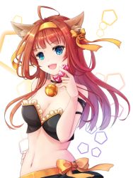 Rule 34 | 1girl, :d, ahoge, animal ears, bell, blue eyes, bow, breasts, brown hair, candy, cleavage, collar, crop top, floating hair, food, food-themed hair ornament, fox ears, frills, hair ornament, hairband, hand on own hip, head tilt, highres, holding, holding candy, holding food, ichika 5259, kantai collection, kongou (kancolle), long hair, medium breasts, midriff, navel, neck bell, off shoulder, open mouth, orange bow, pumpkin hair ornament, smile, solo, stomach, upper body, yellow hairband