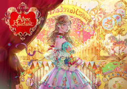 Rule 34 | 1girl, alice (alice in wonderland), alice in wonderland, balloon, bare shoulders, blonde hair, blue eyes, braid, breasts, bug, butterfly, choker, closed mouth, copyright name, crescent, crown, cup, detached sleeves, dress, from side, gem, heart, highres, holding, insect, long hair, long sleeves, looking at viewer, micho, mole, mole under eye, nail polish, pink nails, puffy sleeves, red ribbon, ribbon, single braid, sleeveless, sleeveless dress, small breasts, solo, standing, star (symbol), strapless, teacup, teapot, wavy hair