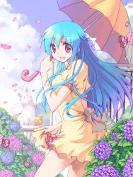 Rule 34 | 1girl, :d, artweaver (medium), blue hair, blue sky, bow, breasts, brown bow, candy, cat, cloud, commentary request, cowboy shot, dress, flower, food, frilled dress, frills, hair bow, highres, holding, holding umbrella, hydrangea, long hair, looking at viewer, medium breasts, open mouth, original, pink flower, puffy short sleeves, puffy sleeves, purple flower, rain, red eyes, sakakura (sariri), short sleeves, sky, smile, solo, umbrella, white bow, wrapped candy, yellow dress