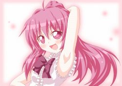 Rule 34 | 1girl, arm up, armpits, bow, kagerou (kers), kers, long hair, open mouth, red eyes, red hair, smile, solo, sugiura ayano, upper body, yuru yuri