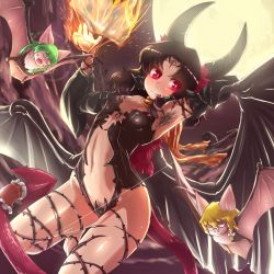 Rule 34 | 3girls, :p, arm behind head, arm up, armpit hair, armpits, bat (animal), bat wings, benikurage (cookie), blonde hair, blush, book, braid, breasts, brown hair, closed eyes, closed mouth, commentary request, cookie (touhou), covered erect nipples, cowboy shot, demon girl, detached sleeves, dutch angle, fang, female pubic hair, fire, full moon, green eyes, green hair, hair between eyes, hair ornament, hair ribbon, hair tubes, hakurei reimu, highres, horns, kirisame marisa, kochiya sanae, long hair, looking at another, looking at viewer, mars (cookie), medium breasts, medium hair, monster girl, moon, multiple girls, navel, open mouth, orange scarf, otemoto (baaaaloooo), parted bangs, paseri (cookie), pubic hair, pubic hair peek, red eyes, ribbon, scarf, shiny skin, snake hair ornament, striped clothes, striped scarf, tail, tongue, tongue out, touhou, wings, yellow scarf