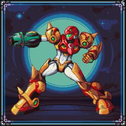 1girl arm_cannon armor blue_border bodysuit border clenched_hand commentary covered_navel english_commentary full_body helmet irregularsaturn legs_apart looking_to_the_side metroid nintendo orange_armor pixel_art red_helmet samus_aran solo sparkle_background standing weapon