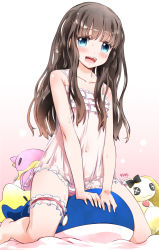 Rule 34 | 1girl, barefoot, blue eyes, bridal garter, brown hair, camisole, highres, long hair, navel, no pants, noto (soranoto), open mouth, original, panties, pink camisole, see-through, sitting, smile, solo, straddling, striped clothes, striped panties, stuffed toy, thighs, underwear